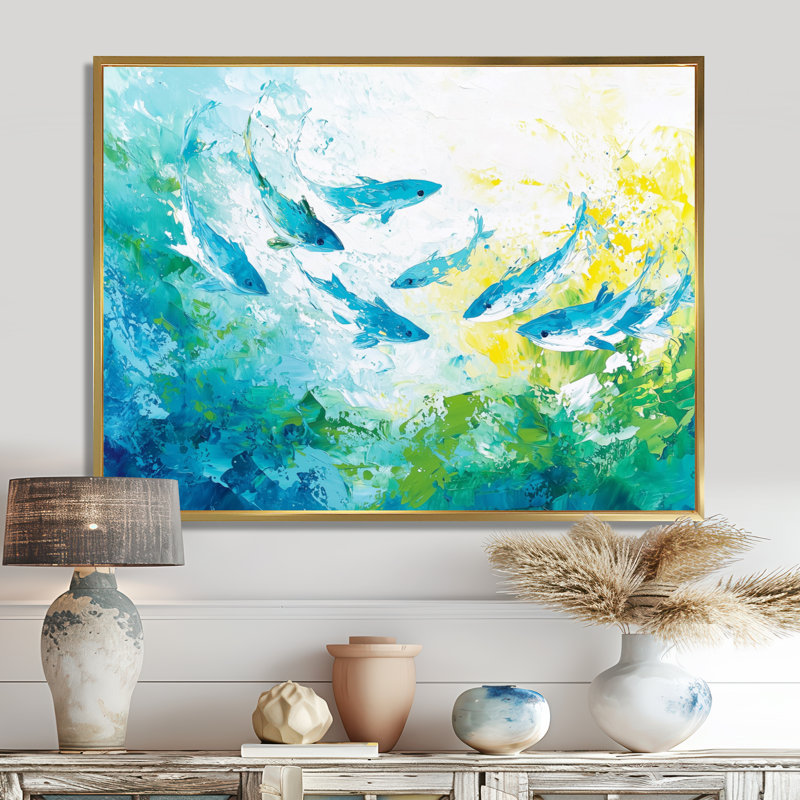 Abstract Sharks Swimming - Shark Wall Art Print, 24" H x 32" W, Floater Framed Print, Gold
