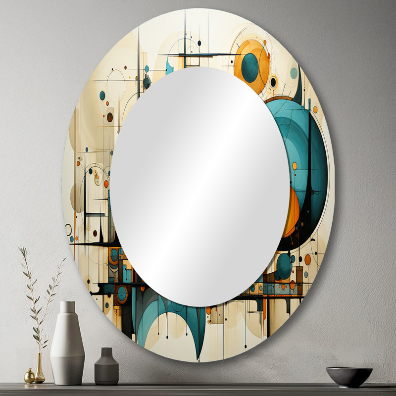 Teal Yellow Abstract Fractal Collage Melodies I - Teal Oval Wall Mirror Decor, 43" x 33"