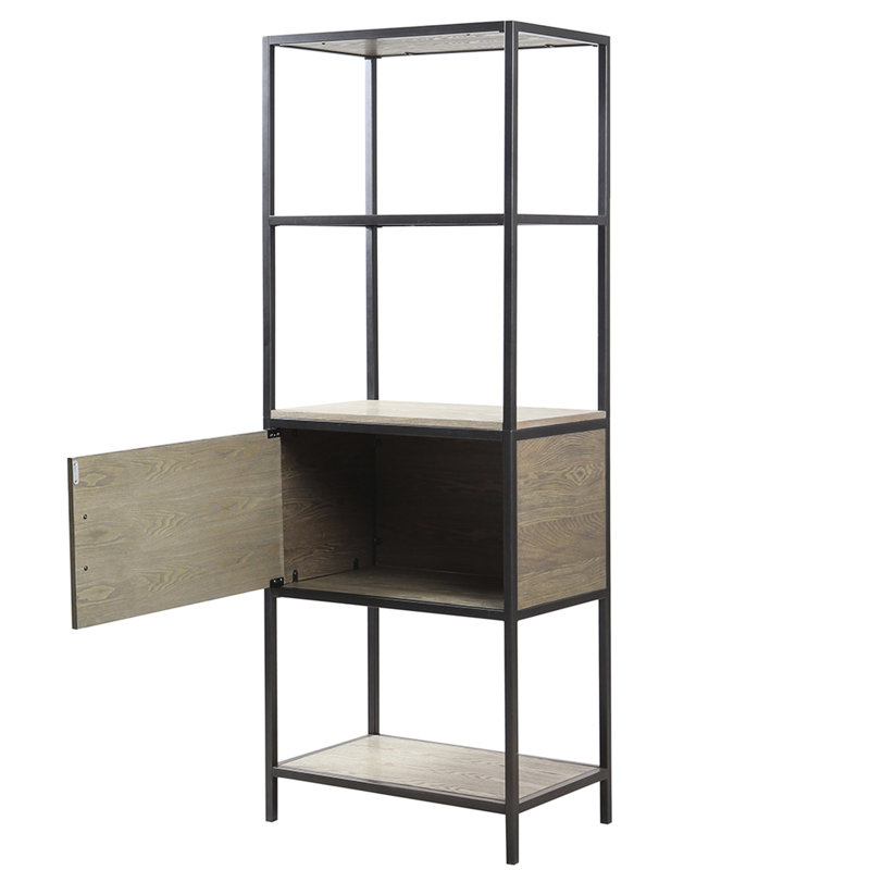 Bibliothèque grise avec armoire de rangement - structure en métal pour la chambre à coucher et le salon avec finition grise présentant des objets décoratifs
