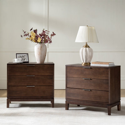Woolsey Mid-Century Modern 28"W 3-Drawer Fluted End Table with Charging Station