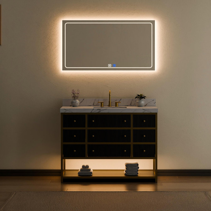 Celestia 48" Solid Oak Freestanding Single Bathroom Vanity with LED Light, Fluted Drawers & Stone Countertop Black with Gold Frame