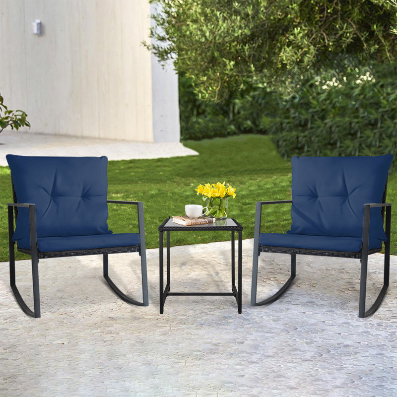 Kinzie Wicker 3 Piece Outdoor Rocking Chairs set, Patio Bistro Set with Cushions and Coffee Table, Black, Dark Blue