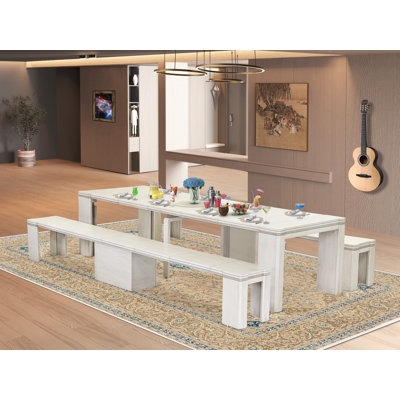 A68AB828550D4B65824ada30678C51D2 - Ensemble de salle à manger extensible 3 pièces comprenant 1 table extensible et 2 bancs modernes, blanc antique.