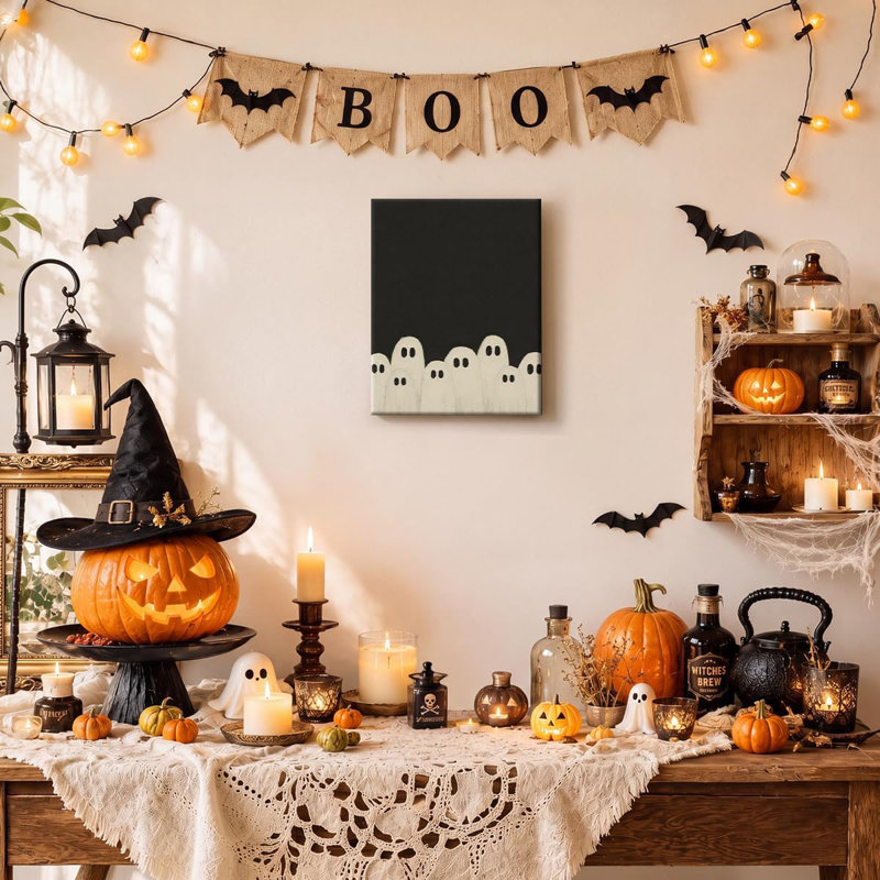 Minimalist Ghost Group Halloween Canvas Wall Art Black White Modern Decor