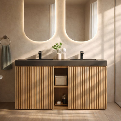 Adria 60" Freestanding Double Bathroom Vanity With Integrated Black Quartz Sink, Fluted Wood Cabinet, Soft-Close Storage, In Walnut Brown / Smoked / Light Oak