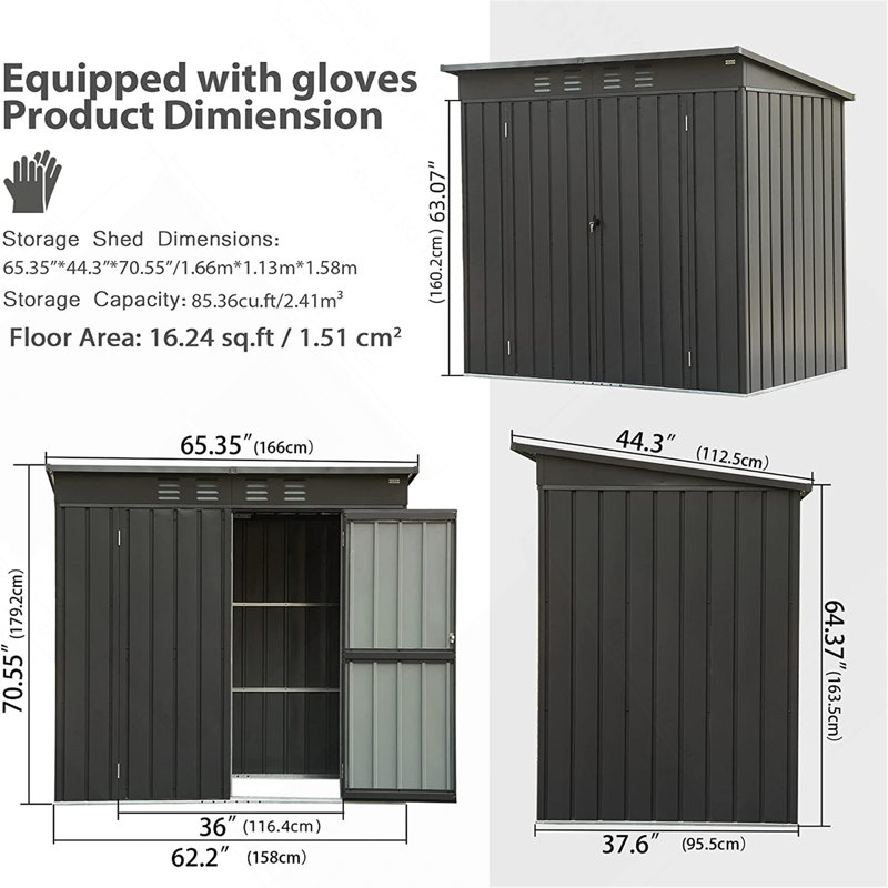 Backyard Storage Shed With Sloping Roof Galvanized Steel Frame Outdoor Garden Shed Metal Utility Tool Storage Room With Latches And Lockable Door For Balcony