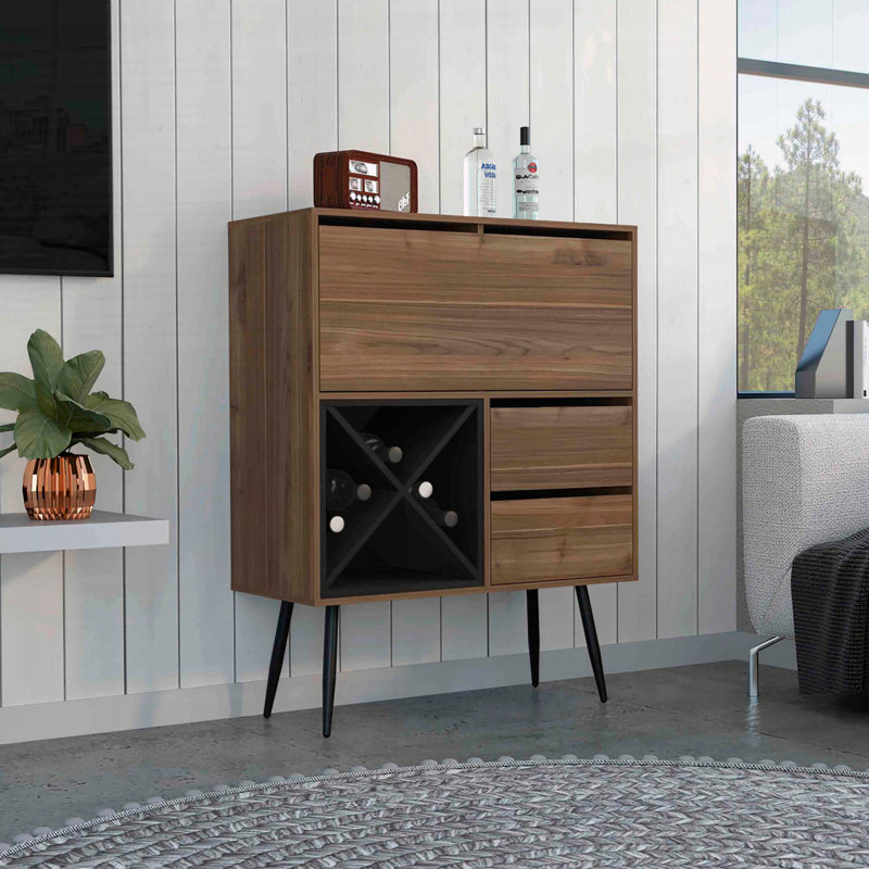 Bar Prunus avec une armoire, deux tiroirs et quatre porte-bouteilles - acajou / noir