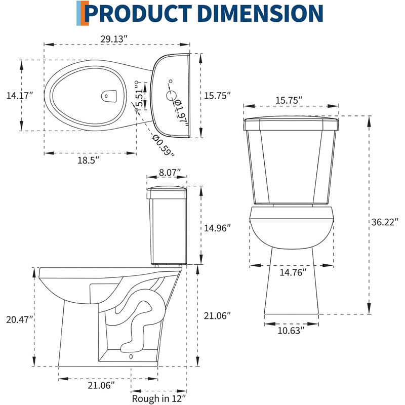 21" ADA Comfort Height Elongated Two-Piece Toilet, Dual Top-Mount Flush, Soft-Close Seat & Hardware Included, White, 12" Rough-In