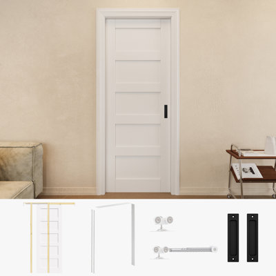 Porte coulissante compacte pré-finie 32 pouces x 80 pouces avec poignées noires et cadre de porte blanc