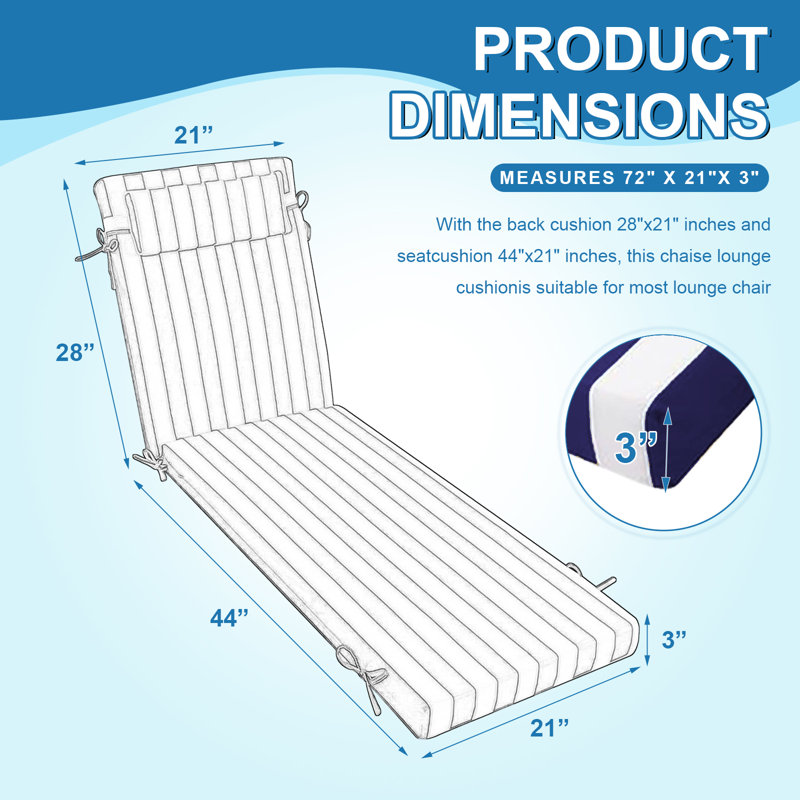 2ps 3-inch Thick Outdoor Lounge Chair Cushion-waterproof And Colorfast, Suitable For Most 72-inch Pool Balcony Chairs., 72" W