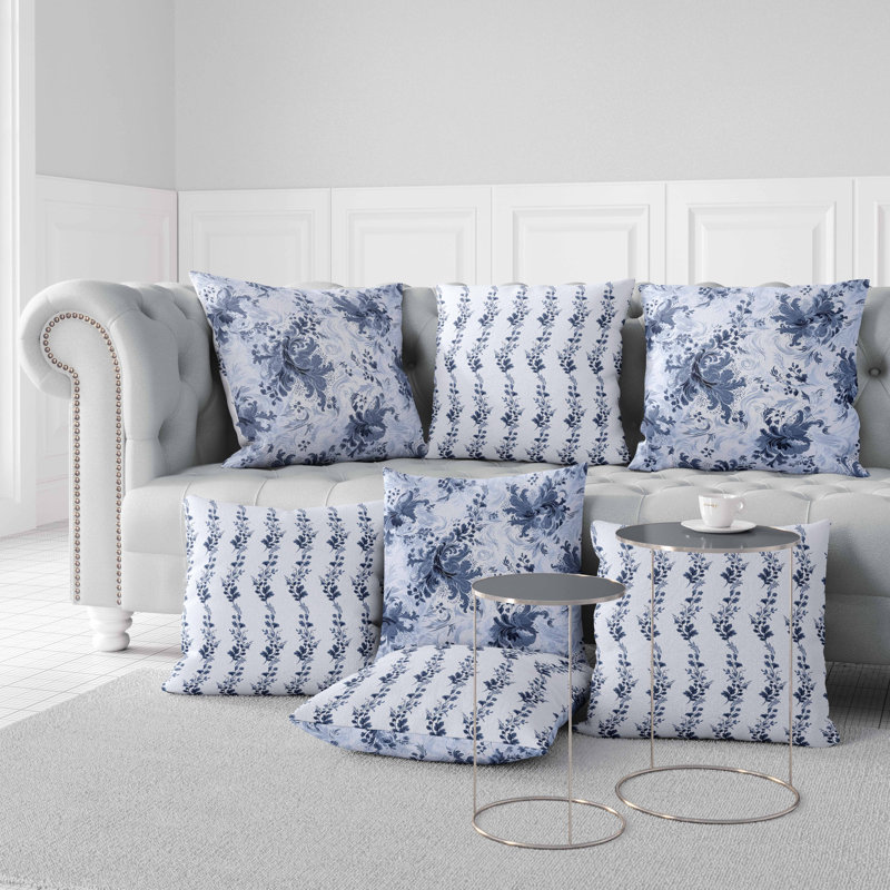 Blue and Gray Floral Faux Suede Square Throw Pillow