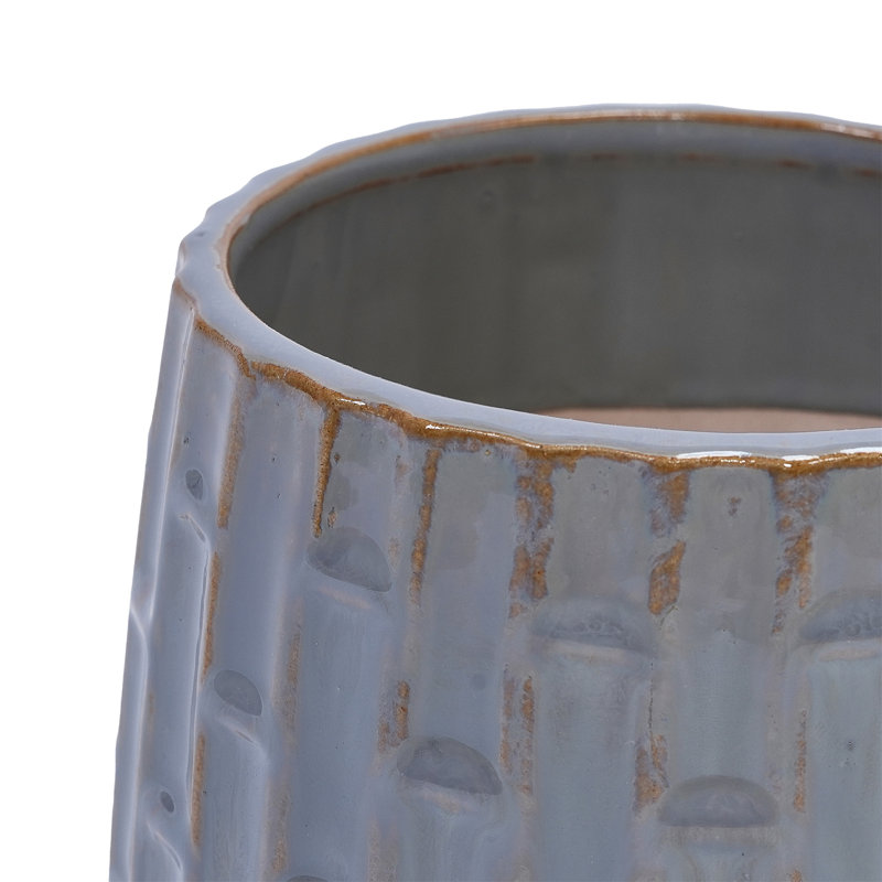 Handmade Gray Glazed Ceramic Planter Set Of 2, 6" & 8" Diameter, Vertical Ribbed Pattern, For Succulents & Herbs Indoor/Outdoor Shelf & Table Use, Breathable Clay With Saucers