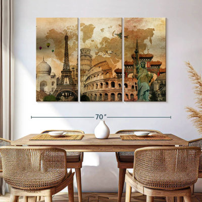 " Rustic Landmark World Map Multi Piece Canvas Print " by Tess P 3 - Pieces