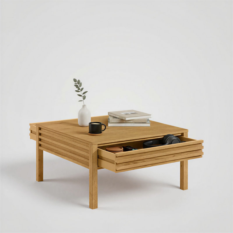 Charnay 32” Square Wood Coffee Table With Dual Drawers, Light Oak