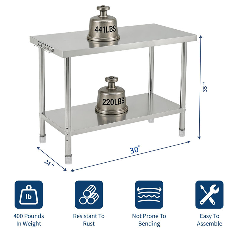 Table de préparation commerciale en acier inoxydable 30 x 24 x 35 po - Station de travail robuste - Tablette inférieure réglable - Bord droit - Sans roulettes, sans dosseret, 4 pieds réglables