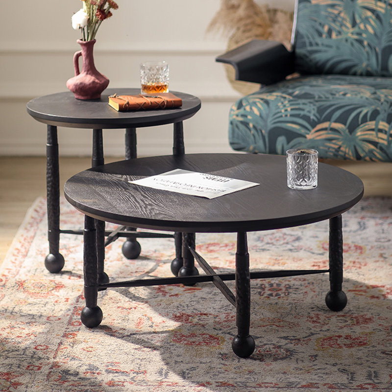 Ensemble de tables basses rondes en bois massif noir Retro
