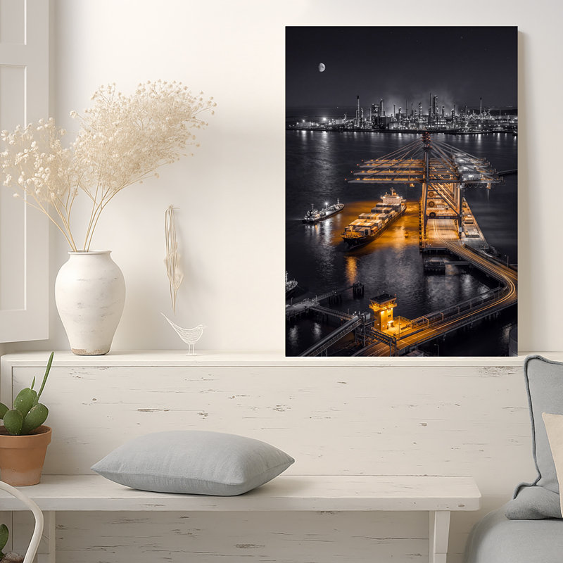 «Cargo Ship and Port Cranes at Industrial Harbor at Night», art mural sur toile, H 18 po x l 12 po