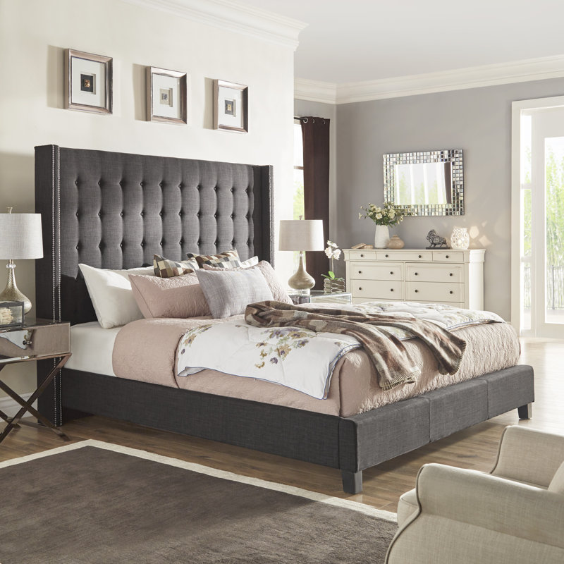 Kaster Upholstered Headboard, Heathered Dark Grey Linen, King