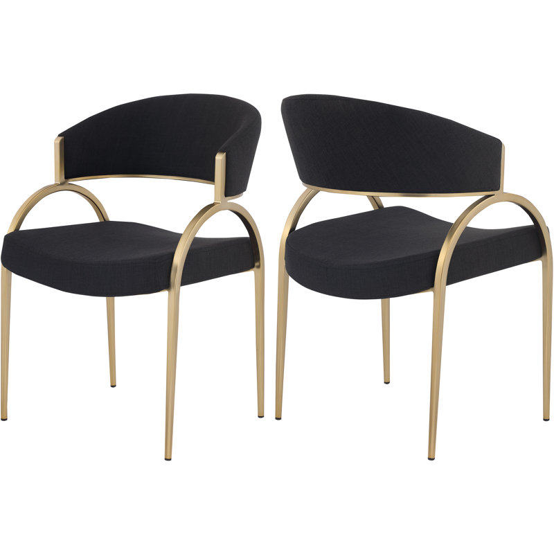 17.72'' H Upholstered Metal Armchair, Black Linen Textured Fabric, Brushed Brass