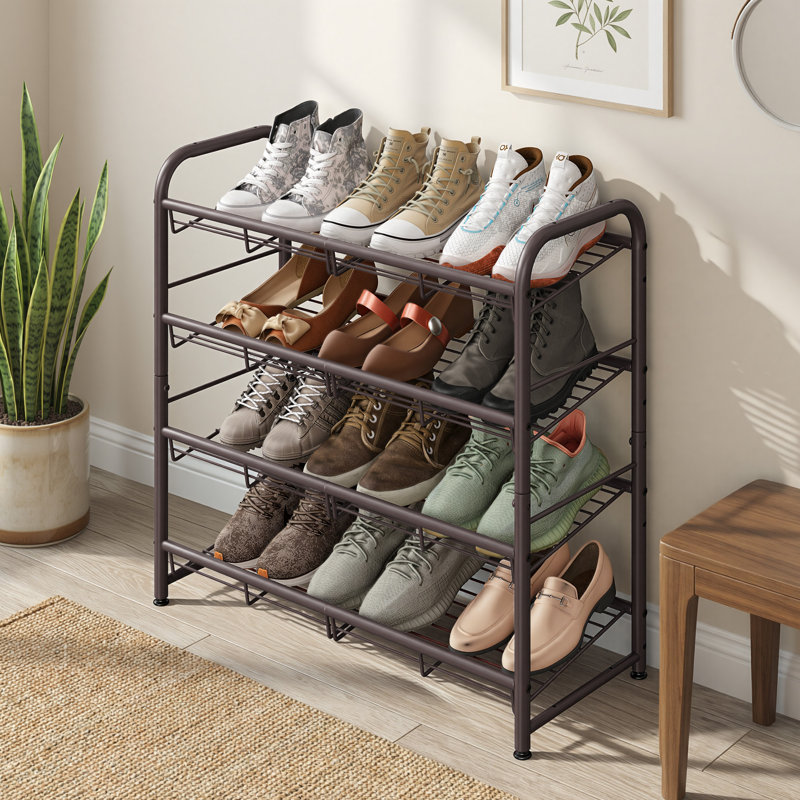 Étagère à chaussures en métal à 4 niveaux avec 16 paires d'inclinaison réglable, H 25,6 po x l 27 po x P 10,8 po, Gris