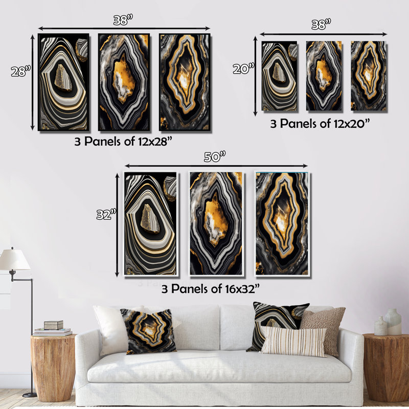 Ensemble d'imprimés 3 pièces - Agate dorée noire Glam Serenity I, Encadrement doré, H 28 po x l 36 po