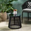Table d'appoint élégante avec tissage de corde complexe et surface extérieure en verre trempé, 15,5 po x 15,5 po x 16,5 po, structure en fer noir