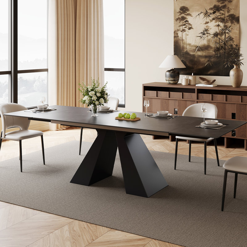 63" to 95" Extendable Sintered Stone Dining Table for 4-10, Matte Sintered Stone Table top, Black Steel Legs, Black