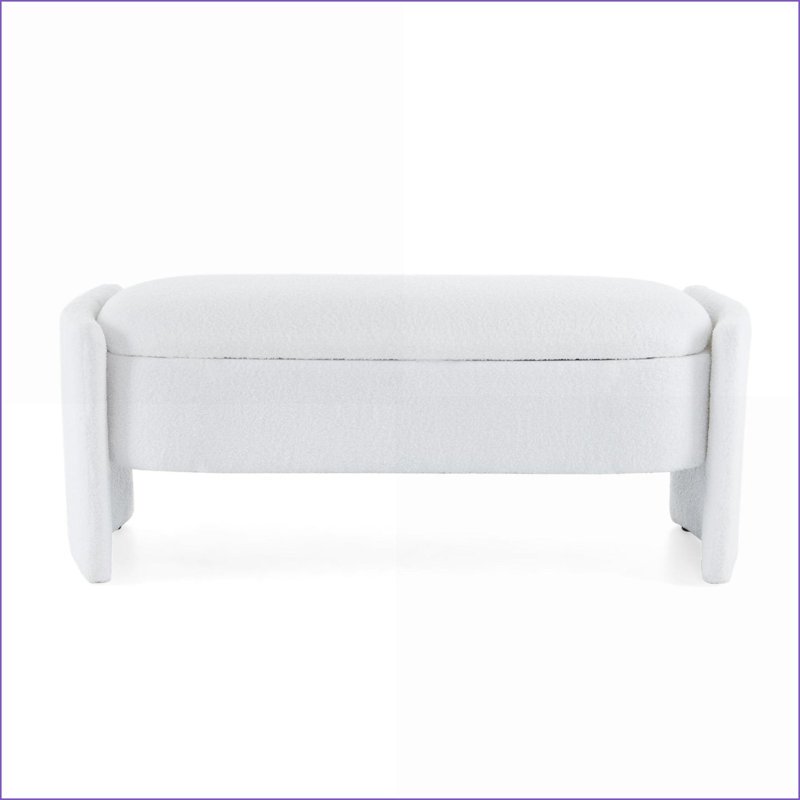 Ottoman Bench Boucle Simple Grand Design with Storage for Living Room Bedroom Entryway | Snow White | Wood, White
