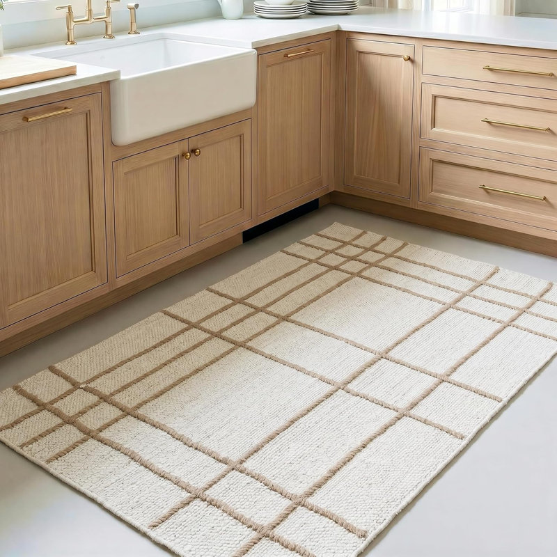 Faye Jute Checkered Area Rug / White & Brown Natural Rugs for Living Room with Cotton Backing, Rectangle 3' x 5'