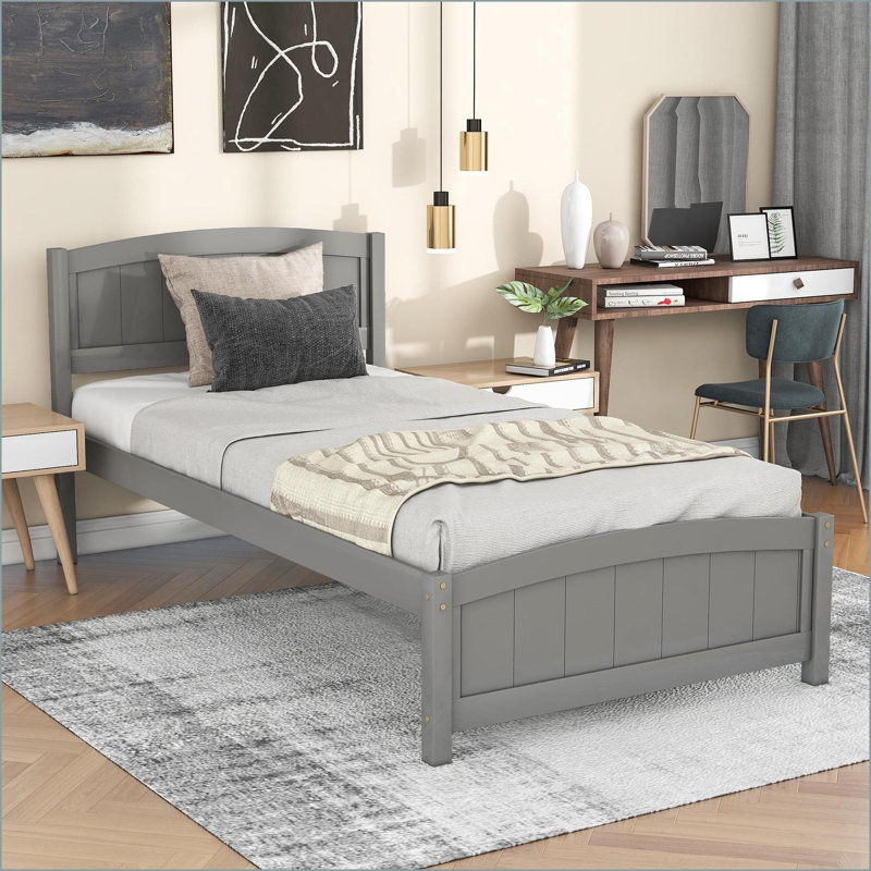 Lit plateforme simple en bois de pin massif avec pied de lit, sans sommier, pour chambre d'amis, Gris