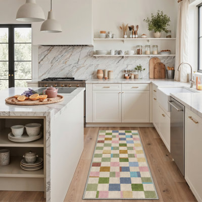 Modern Checkered Machine Washable Runner Rug, Beige Pink Blue Green Low-Pile Non-Slip Rug for Hallway Kitchen Entryway