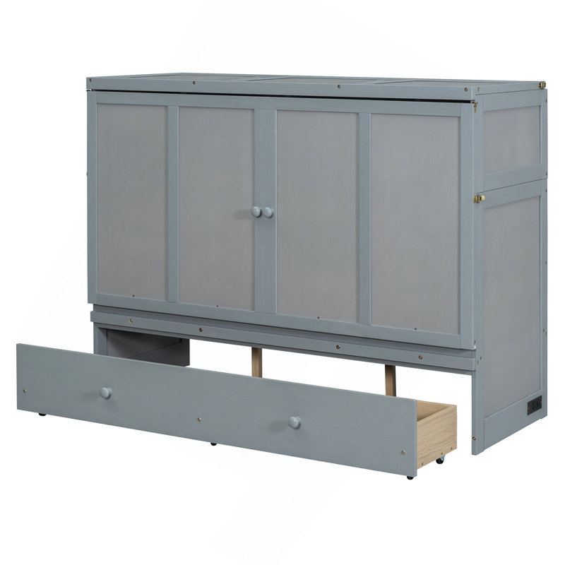 Grand lit escamotable avec port USB et grand tiroir, gris, Grand lit