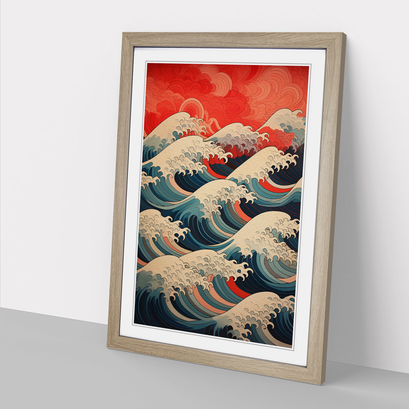 Wave Japanese Geometric - Single Picture Frame Print on Wood, Oak Framed, 34cm H x 25cm W