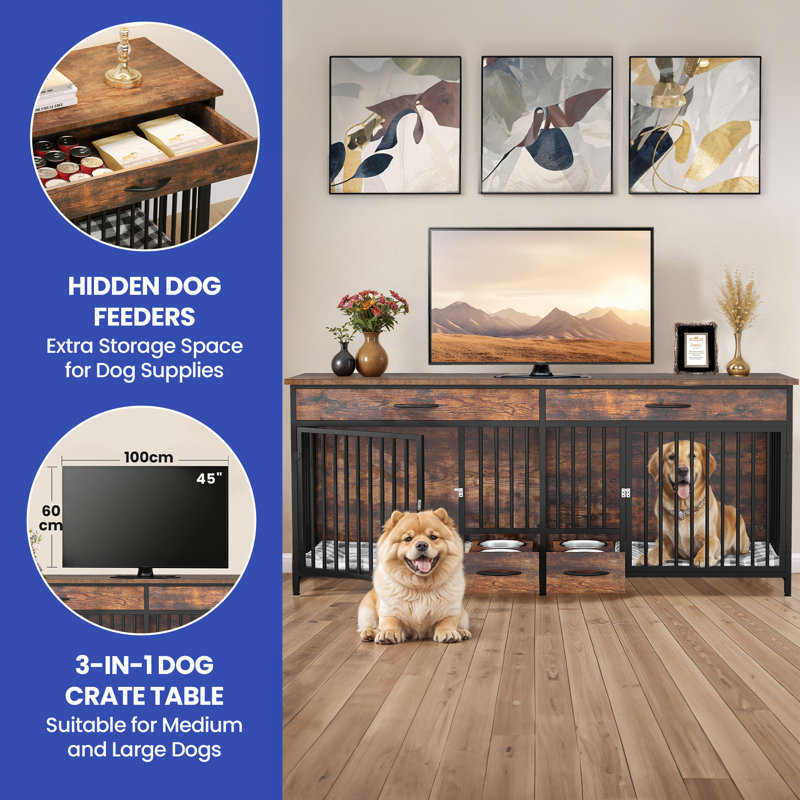 Wooden Double Dog Crate Furniture with Feeders, Brown, 39.3" H x 91.3" W x 22" D