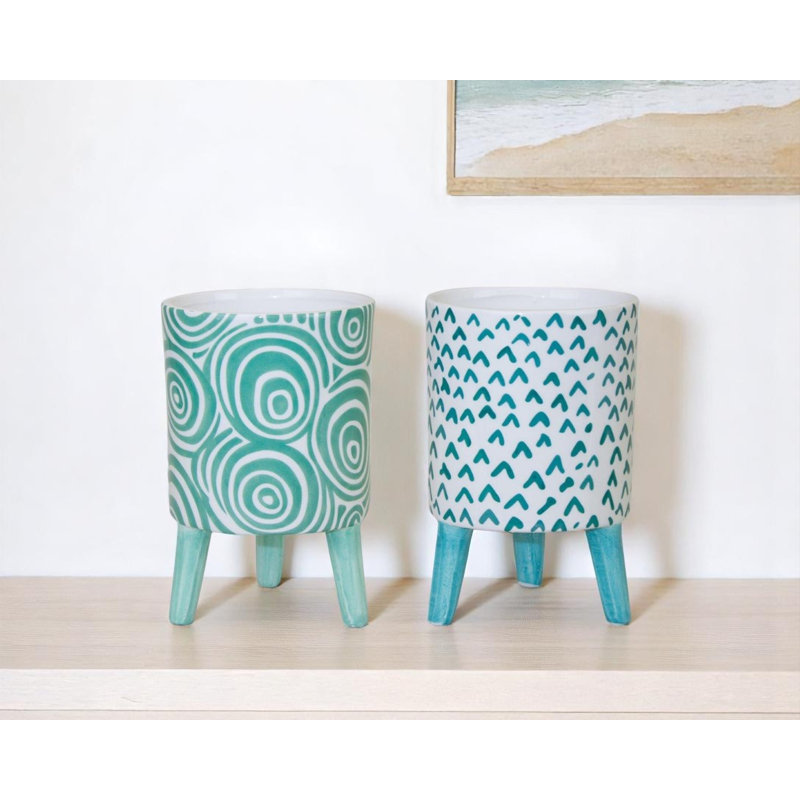 Ensemble de deux pots à fleurs ronds en céramique sarcelle et blanc 2 oz