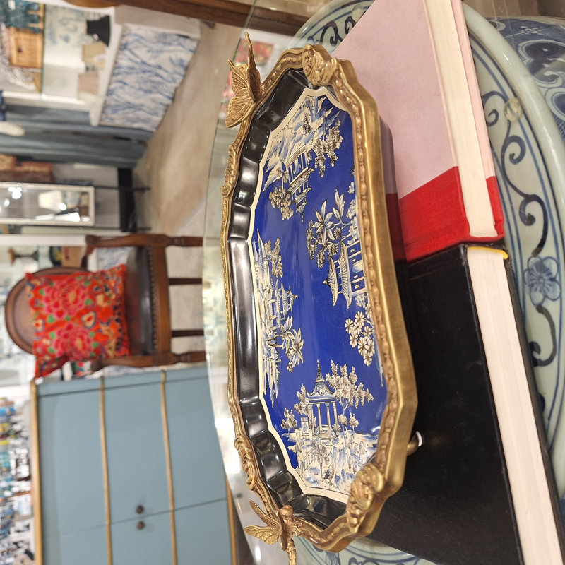 Porcelain Tray with Bronze Ormolu - Azure Pagoda