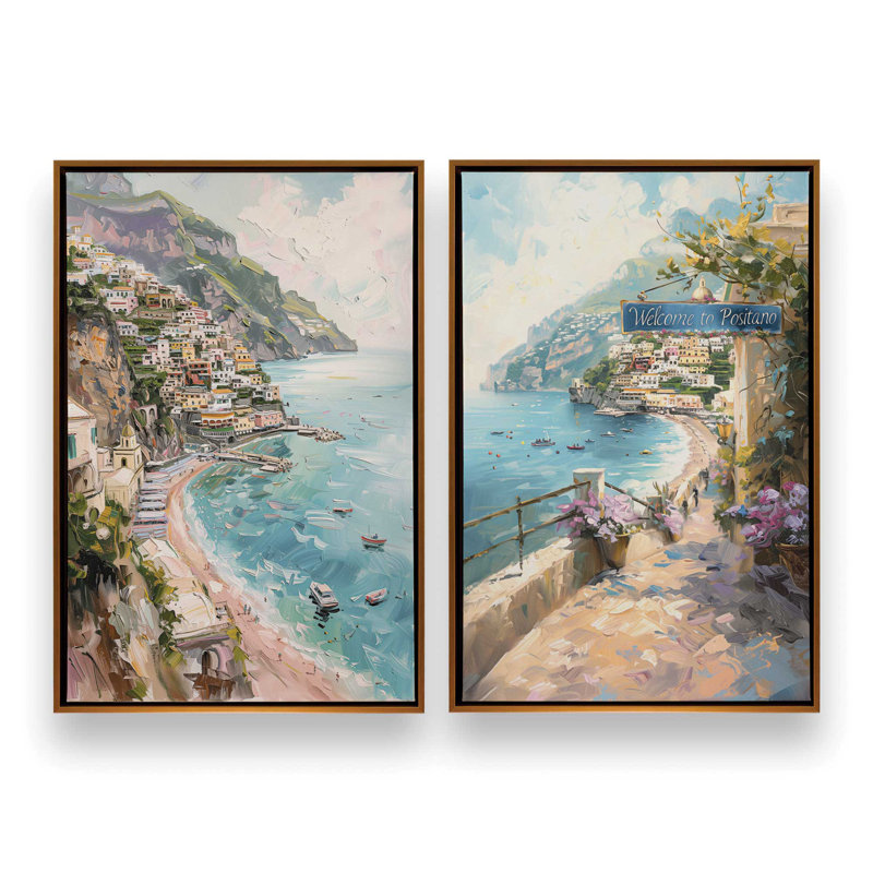 Ensemble 2 pièces Coastal Charm Paradise sur toile par Azure Artisanal Studio, Cadre flottant or poli