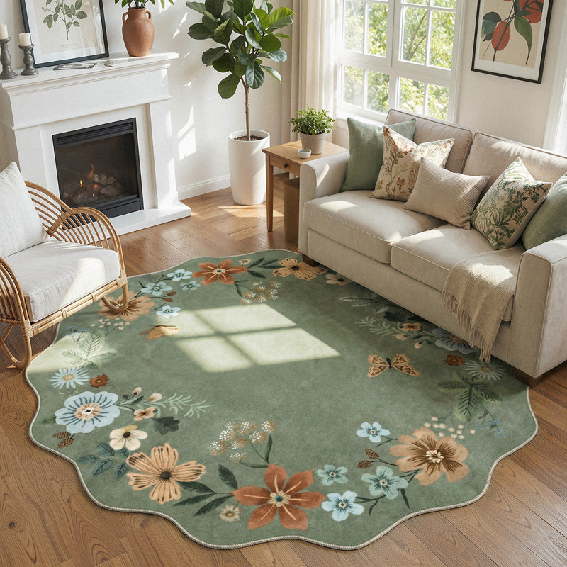 Garbrand Machine Washable Floral Farmhouse Area Rug with Non-Slip Backing for Living Room, Dining Room, Bedroom, Round 6'