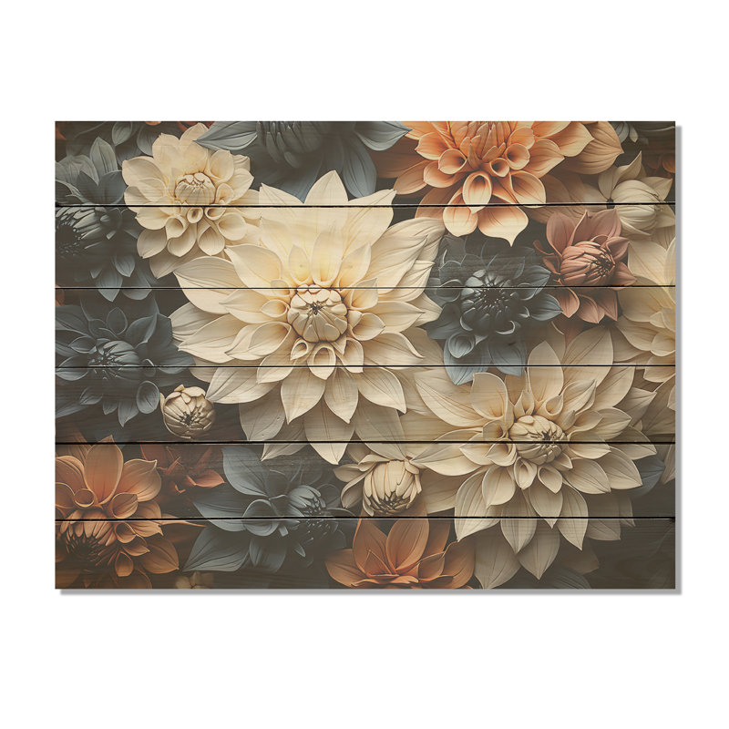 Mums In Stormy Grey Tones - Mums Wood Art On Natural Pine Wood, 30" H x 40" W