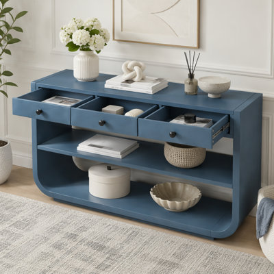 Console moderne avec 3 tiroirs à fermeture en douceur et 2 tablettes ouvertes