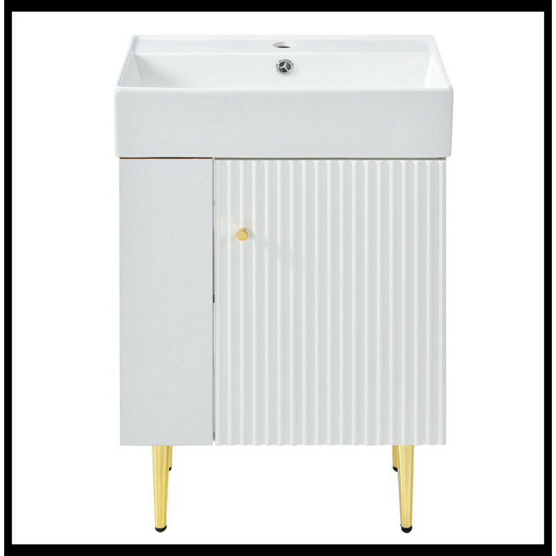 Meuble-lavabo simple avec rangement à gauche et lavabo en céramique - pieds dorés, charnières à fermeture douce, bords de barrière d'eau