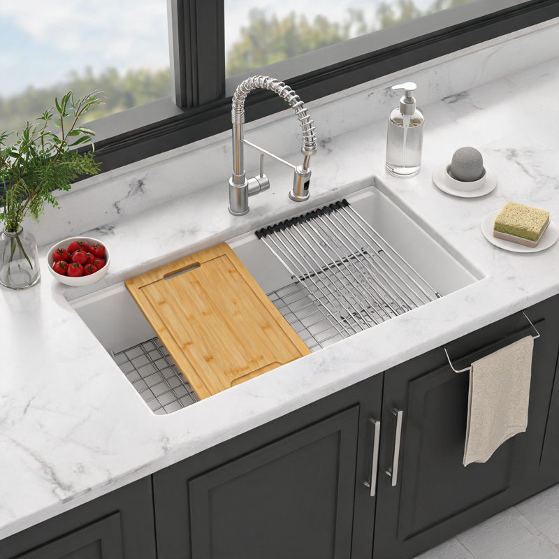 Évier de cuisine encastré de 84 cm (33 po) en composite de quartz blanc avec bonde arrière