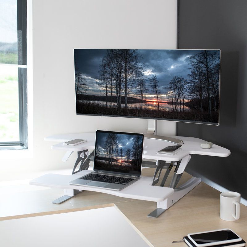 44" Corner Standing Desk Converter DESK-V000VC Series, White/White