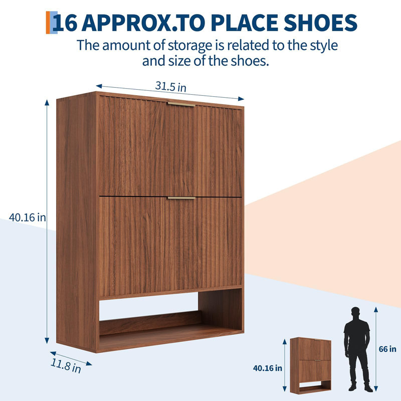 Modern Slim Fluted Shoe Storage Cabinet with 2 Flip Drawers, Bottom Shelf & Side Hooks – Hidden Entryway Organizer, Brown