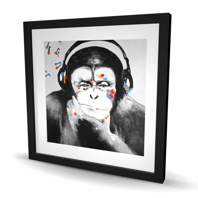 Singe avec écouteurs - animaux contemporains, reproduction encadrée, H 24 po x l 24 po, Noir