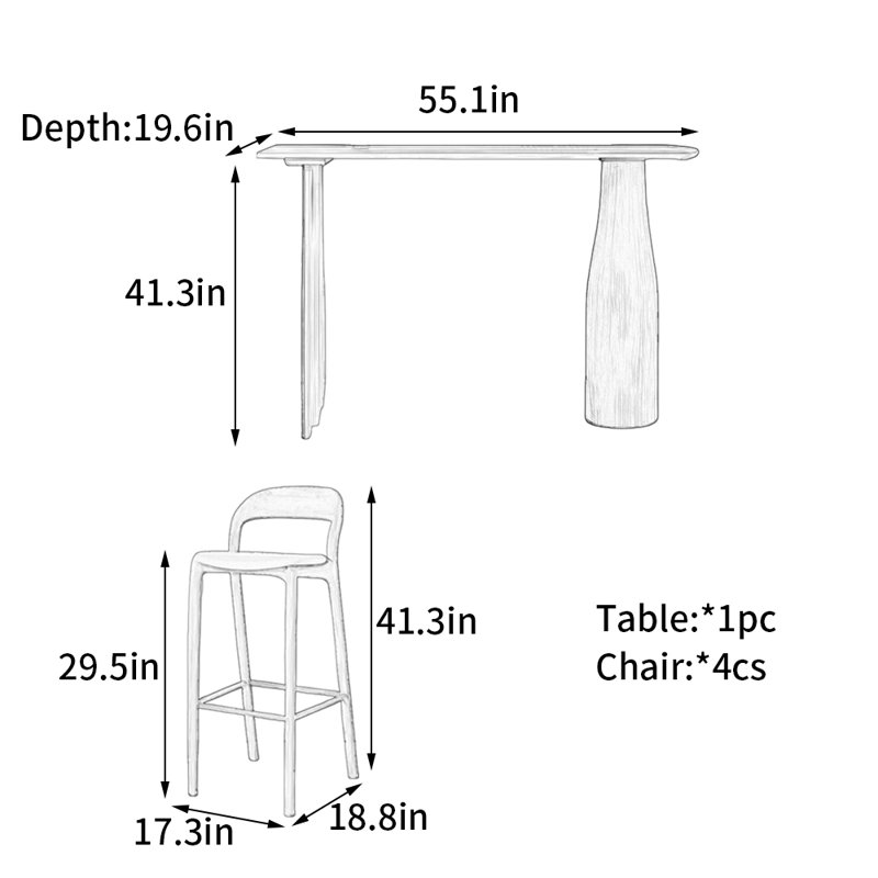 Table de bar en bois massif, H 41,3 po x L 55,1 po x l 19,6 po