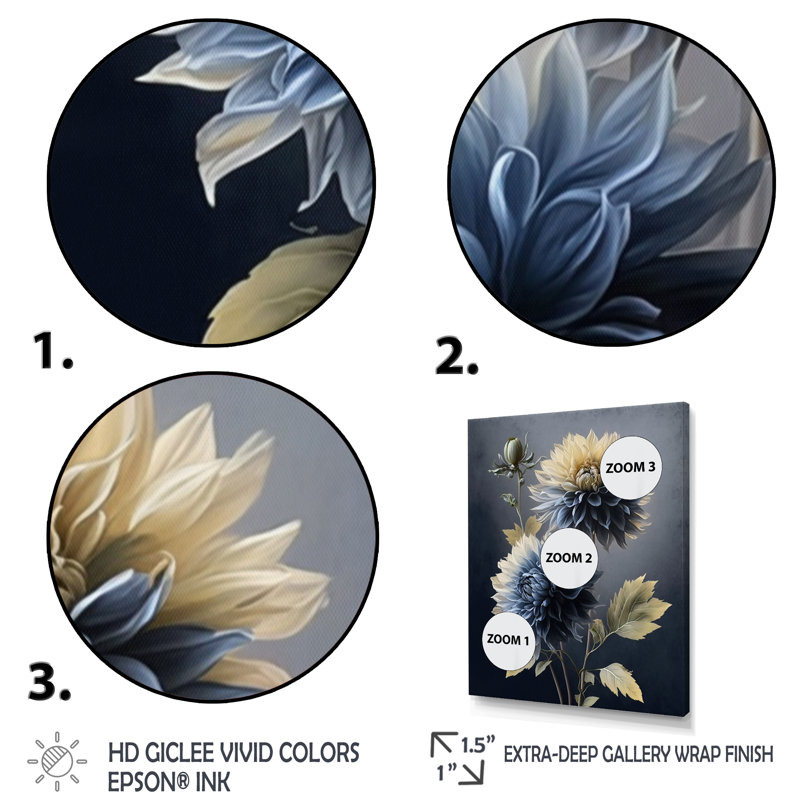 «Hyperrealistic Blue and Gold Flower I», reproduction sur toile, H 40 po x l 30 po x P 1,5 po, Toile tendue