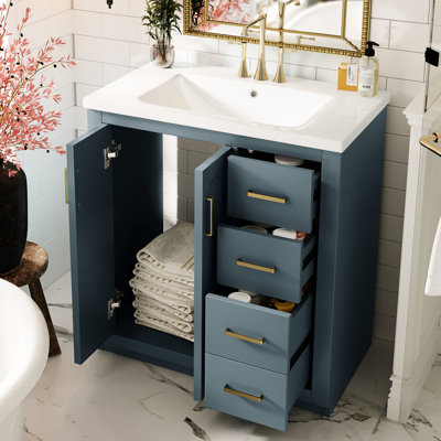 Meuble-lavabo de 30 po avec structure en bois massif, charnières, 3 tiroirs, motif de rainure unique, portes coulissantes à tiroir lisse, rangement spacieux, couleur bleue