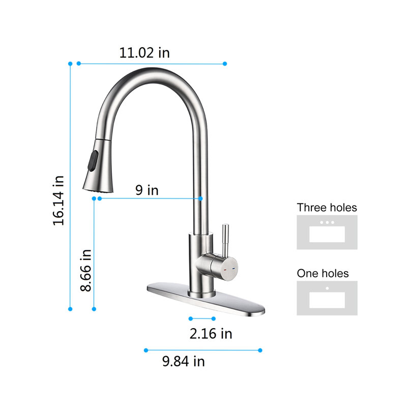 Pull Out Spray Kitchen Faucet, Brushed Nickel Decorated, Stainless Steel Composed, 360 Rotating Nozzle, Single Handle For Water Flow Control And Adjustment Faucet With Spray, Assembled, Nozzle