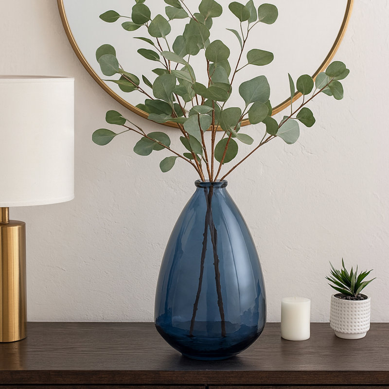 Modern Smooth Glass Vase for Home Decor Styling - Decorative Coastal Accent Tall Flower Vase for Tabletop, Shelf, or Console Setup - Blue